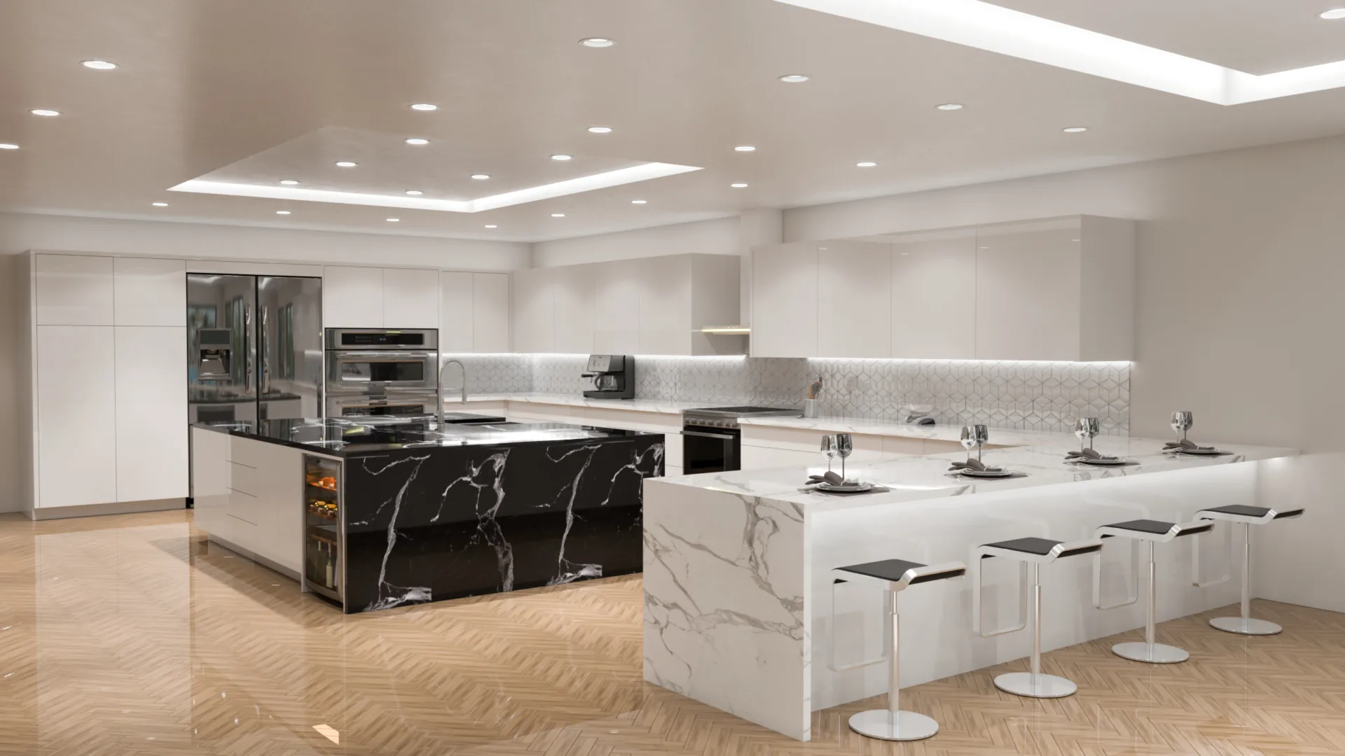 Modern white kitchen remodel completed by Southline Construction